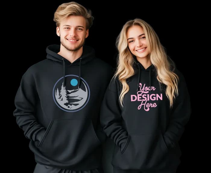 Two people wearing custom printed hoodies