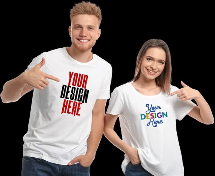 Two people wearing custom printed t-shirts