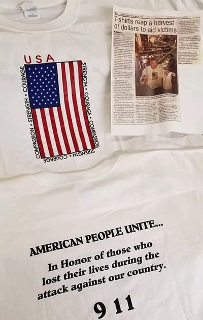 The 2001 Koala-Tees 9/11 tribute shirt - a USA flag design ringed with 'Strength, Courage, Compassion' and an 'American People Unite… 9-11' back print - shown with the Deseret News article about the fundraiser.