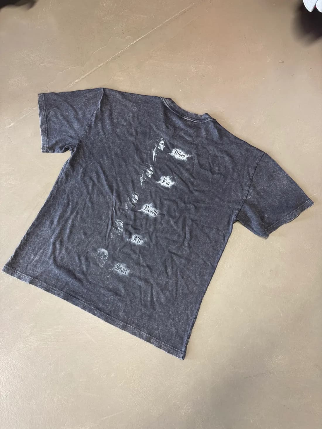 Charcoal AS Colour heavy stone-wash tee with a faded gothic back print
