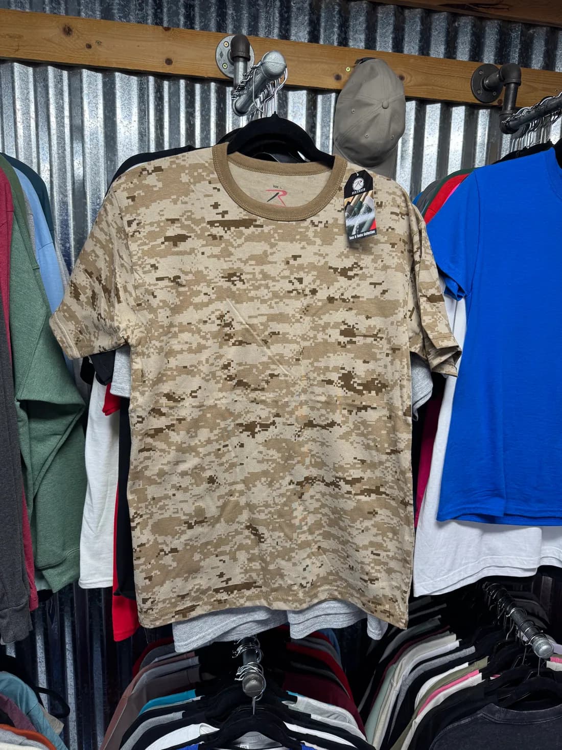 Rothco desert digital camo tee hanging in the Koala-Tees showroom
