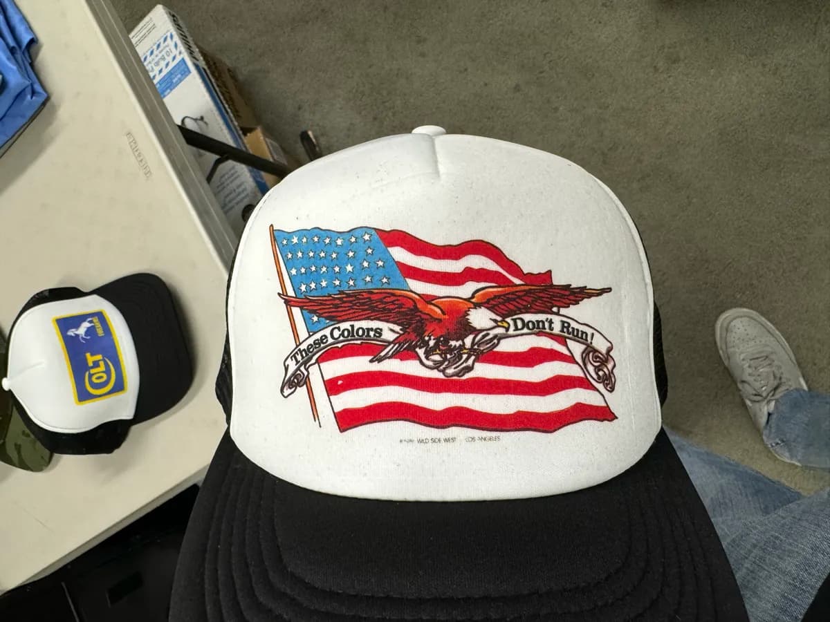 White-front foam trucker cap with full-color American flag and eagle artwork