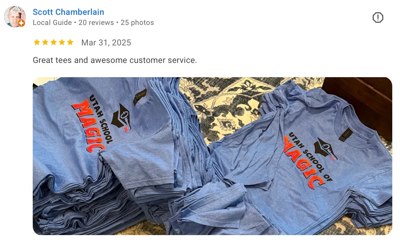 Five-star Google review by Scott Chamberlain: great tees and awesome customer service