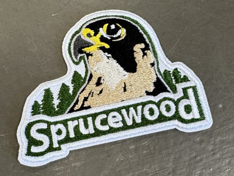 Embroidered Sprucewood Elementary falcon mascot patch made by Koala-Tees